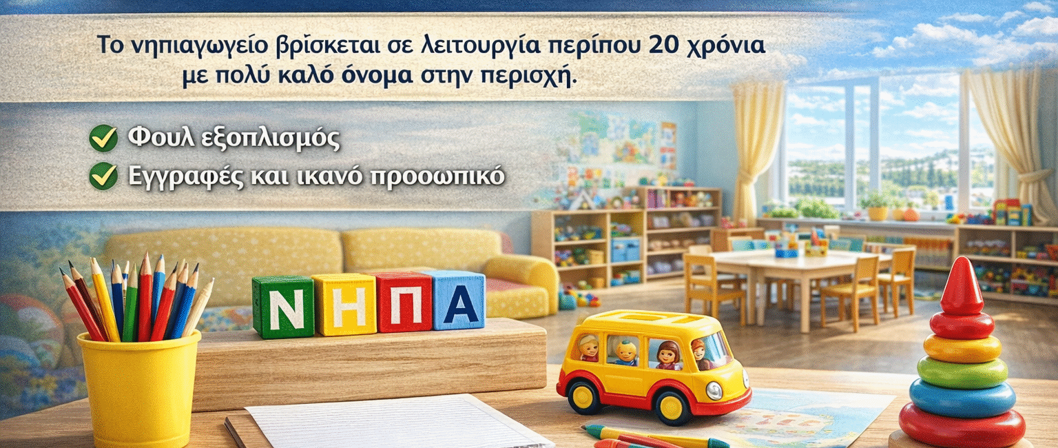 Πωλείται επιχείρηση νηπιαγωγείου στη Λευκωσία με 20 χρόνια λειτουργίας, πλήρη εξοπλισμό, εγγραφές μαθητών και έμπειρο προσωπικό