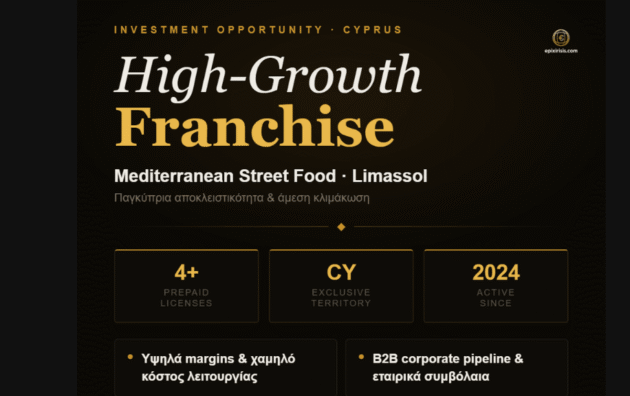 Street food franchise business for sale in Limassol Cyprus with nationwide exclusivity, turnkey operation, and high growth potential
