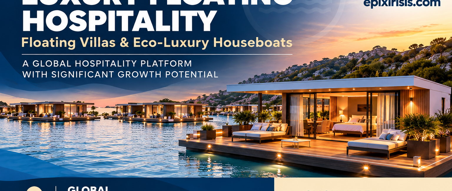 Luxury Floating Villas and Eco-Luxury Houseboats in a waterfront setting, representing a global floating hospitality investment opportunity by Epixirisis.com.
