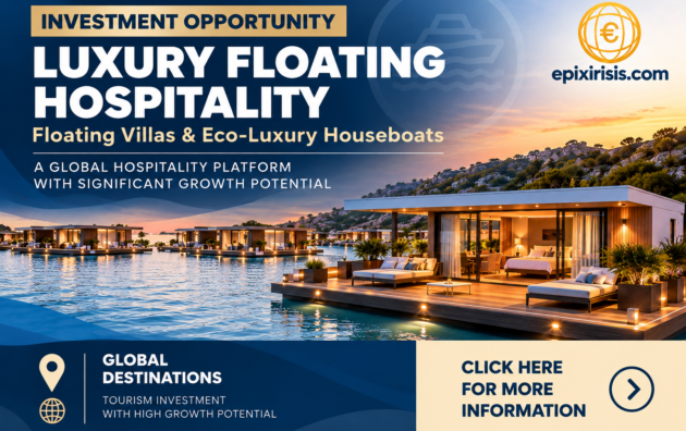 Luxury Floating Villas and Eco-Luxury Houseboats in a waterfront setting, representing a global floating hospitality investment opportunity by Epixirisis.com.