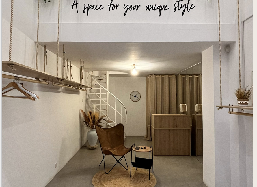 Elegant women’s boutique interior illustration with text “Women’s Boutique For Sale Limassol”